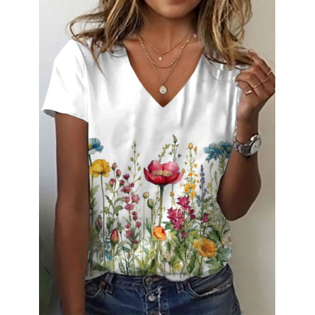 Women Floral Short Sleeve Tee T-shirt V Neck Printing Casual Summer Graphic Tee Top