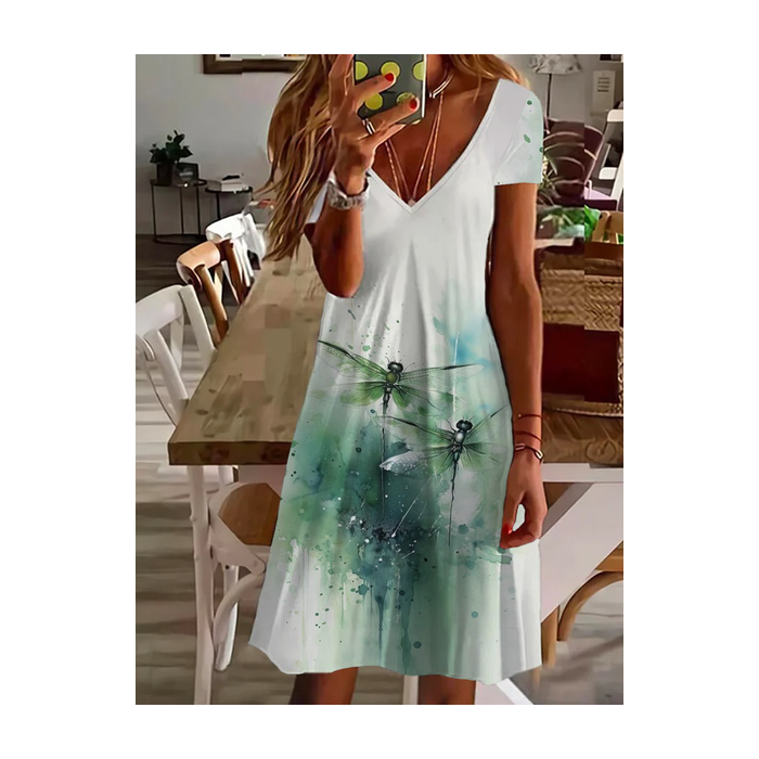 Women Dragonfly Short Sleeve Summer Printing Dress V Neck Daily Casual Midi Fit & Flare Dress A-Line Dress