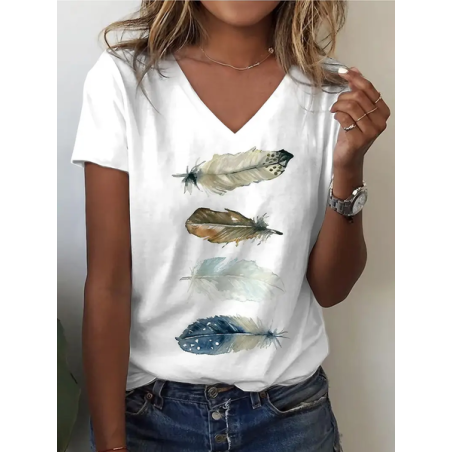 Women Feather Short Sleeve Tee T-shirt V Neck Printing Casual Summer Graphic Tee Top