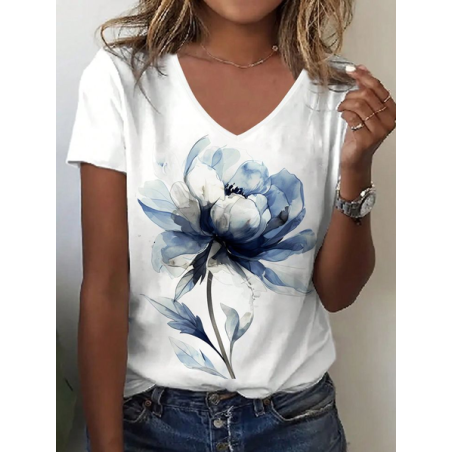 Women Floral Short Sleeve Tee T-shirt V Neck Printing Casual Summer Graphic Tee Top