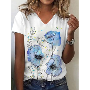 Women Floral Short Sleeve Tee T-shirt V Neck Printing Casual Summer Graphic Tee Top