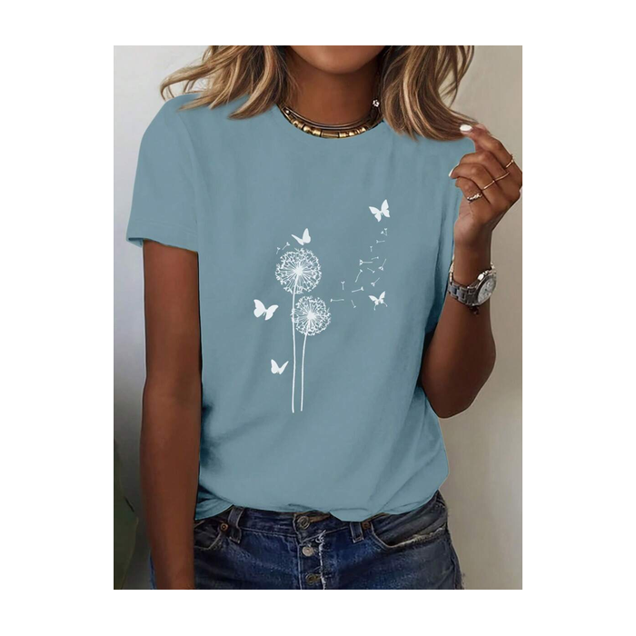 Women Floral Short Sleeve Tee T-shirt Crew Neck Printing Casual Summer Graphic Tee Top