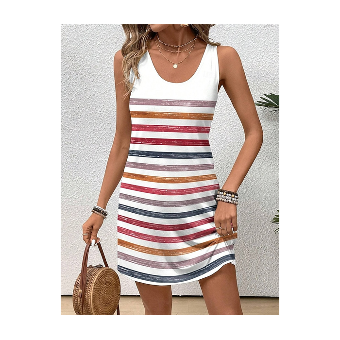Women Striped Sleeveless Summer Printing Dress Crew Neck Daily Casual Midi Tank X-Line Dress