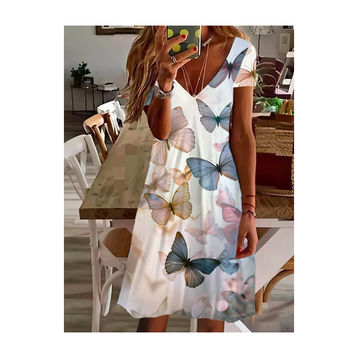 Women's Short Sleeve Summer Floral Printing Dress V Neck Daily Going Out Casual Knee Length T-Shirt Dress H-Line Dress
