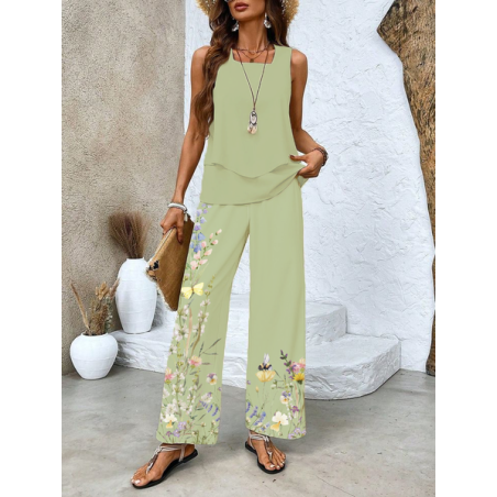 Women's Floral Printing Two-Piece Set Daily Sleeveless Casual Summer Top With Pants Matching Set