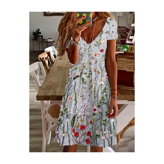 Women's Floral Short Sleeve Summer Printing Dress V Neck Daily Casual Knee Length T-Shirt Dress H-Line Dress