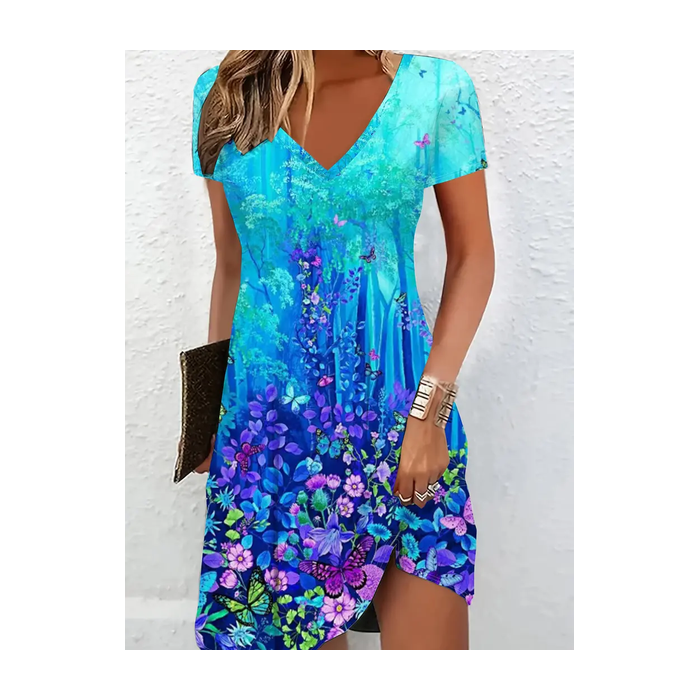 Women's Floral Short Sleeve Summer Printing Dress V Neck Daily Casual Knee Length T-Shirt Dress H-Line Dress