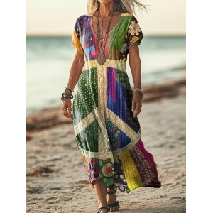 Women's Floral Short Sleeve Summer Printing Dress V Neck Daily Casual Maxi T-Shirt Dress H-Line Dress