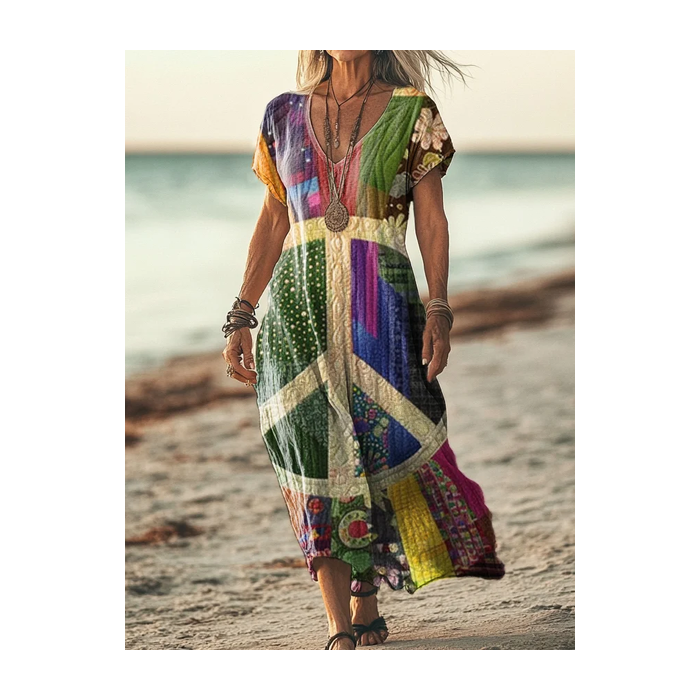 Women's Floral Short Sleeve Summer Printing Dress V Neck Daily Casual Maxi T-Shirt Dress H-Line Dress