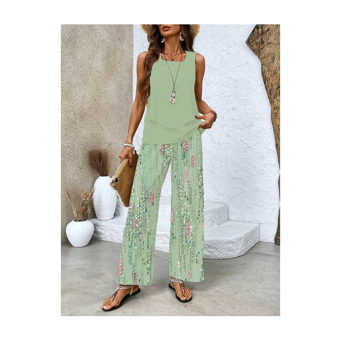 Women's Floral Printing Two-Piece Set Daily Sleeveless Casual Summer Top With Pants Matching Set