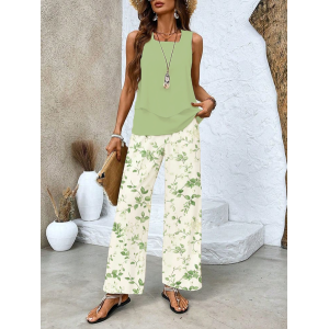 Women's Floral Printing Two-Piece Set Daily Sleeveless Casual Summer Top With Pants Matching Set