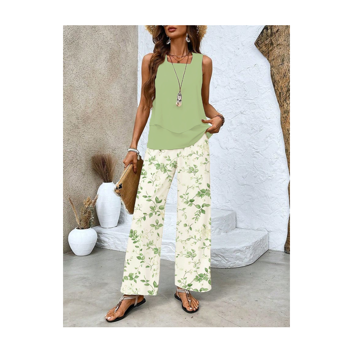 Women's Floral Printing Two-Piece Set Daily Sleeveless Casual Summer Top With Pants Matching Set