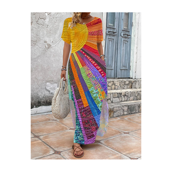 Women's Hippie Short Sleeve Summer Printing Dress V Neck Daily Vintage Maxi T-Shirt Dress H-Line Dress