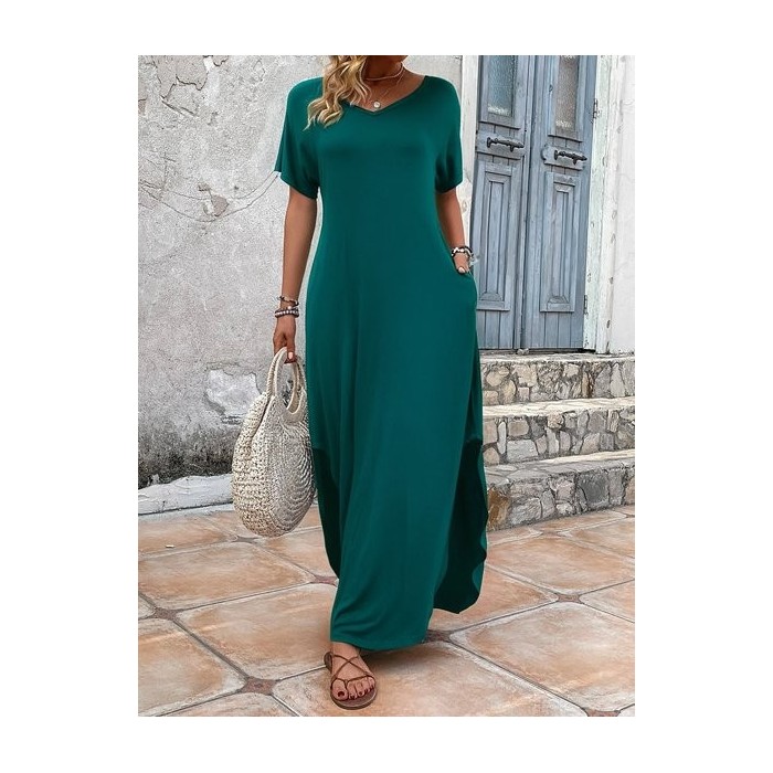 Women's Plain Short Sleeve Summer Dress V Neck Daily Casual Maxi T-Shirt Dress H-Line Dress