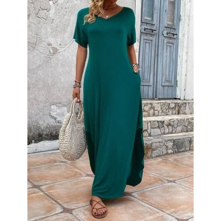 Women's Plain Short Sleeve Summer Dress V Neck Daily Casual Maxi T-Shirt Dress H-Line Dress