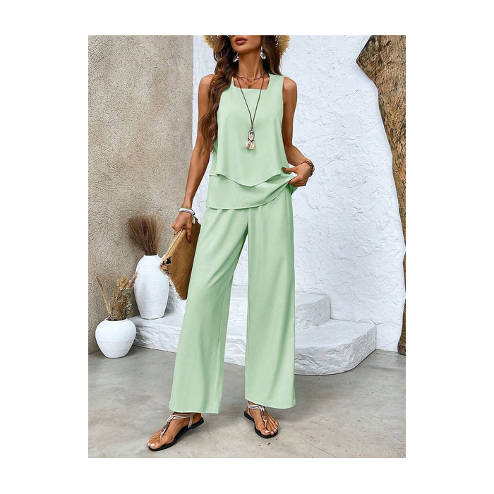 Women's Plain Two-Piece Set Daily Sleeveless Casual Summer Top With Pants Matching Set