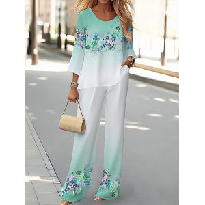 Women's Floral Printing Two-Piece Set Daily Long Sleeve Casual Spring/Fall Top With Pants Matching Set