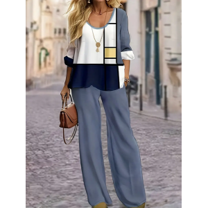 Women's Geometric Printing Two-Piece Set Daily Long Sleeve Casual Spring/Fall Top With Pants Matching Set