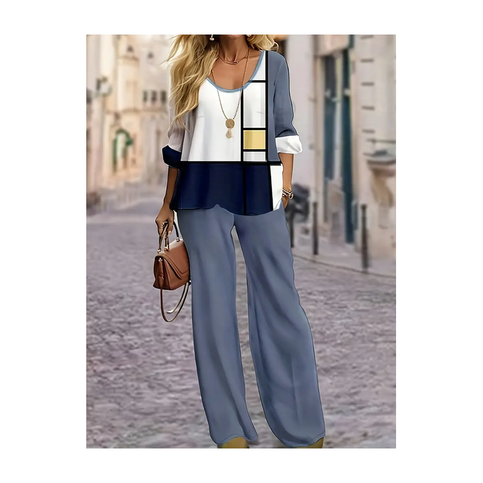 Women's Geometric Printing Two-Piece Set Daily Long Sleeve Casual Spring/Fall Top With Pants Matching Set