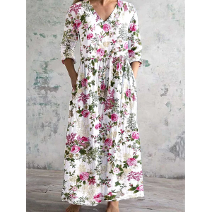 Women's Floral Long Sleeve Spring/Fall Printing Dress V Neck Daily Casual Maxi T-Shirt Dress A-Line Dress