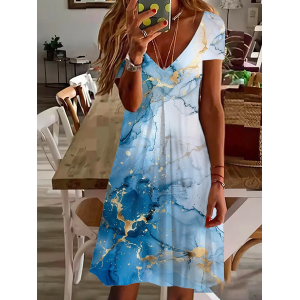 Women's Abstract Short Sleeve Summer Printing Dress V Neck Daily Casual Knee Length T-Shirt Dress H-Line Dress