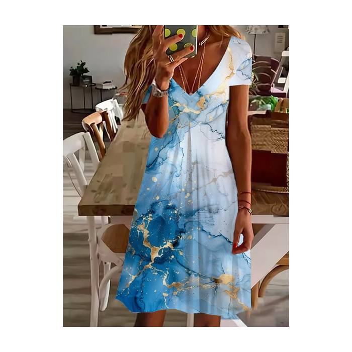 Women's Abstract Short Sleeve Summer Printing Dress V Neck Daily Casual Knee Length T-Shirt Dress H-Line Dress