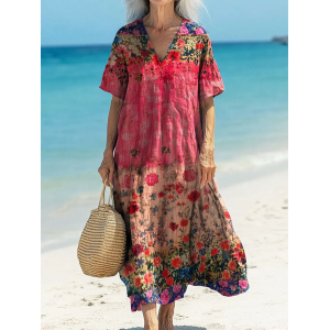 Women's Floral Short Sleeve Summer Printing Dress V Neck Daily Casual Maxi T-Shirt Dress H-Line Dress