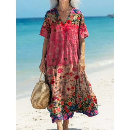 Women's Floral Short Sleeve Summer Printing Dress V Neck Daily Casual Maxi T-Shirt Dress H-Line Dress
