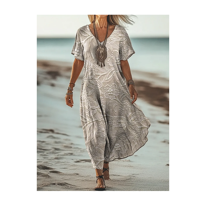 Women's Floral Short Sleeve Summer Printing Dress V Neck Daily Casual Maxi T-Shirt Dress H-Line Dress