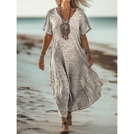 Women's Floral Short Sleeve Summer Printing Dress V Neck Daily Casual Maxi T-Shirt Dress H-Line Dress