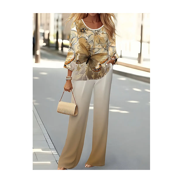 Women's Butterfly Printing Two-Piece Set Daily Long Sleeve Casual Spring/Fall Top With Pants Matching Set