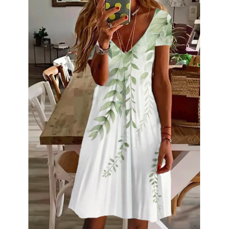 Women's Floral Short Sleeve Summer Printing Dress V Neck Daily Casual Knee Length T-Shirt Dress H-Line Dress