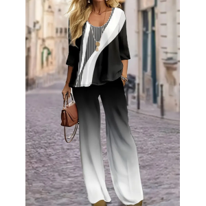 Women's Geometric Printing Two-Piece Set Daily Long Sleeve Casual Spring/Fall Top With Pants Matching Set