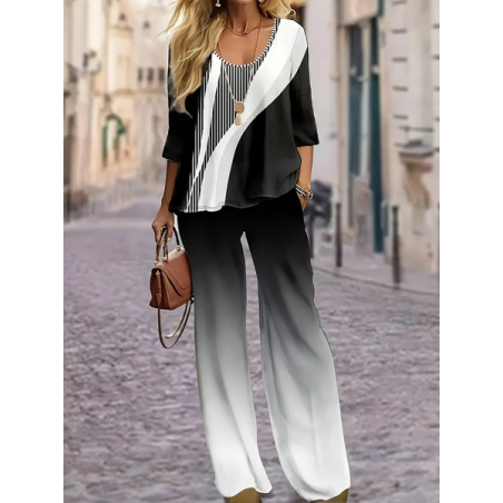 Women's Geometric Printing Two-Piece Set Daily Long Sleeve Casual Spring/Fall Top With Pants Matching Set