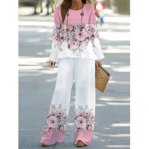 Women's Floral Printing Two-Piece Set Daily Long Sleeve Casual Spring/Fall Top With Pants Matching Set
