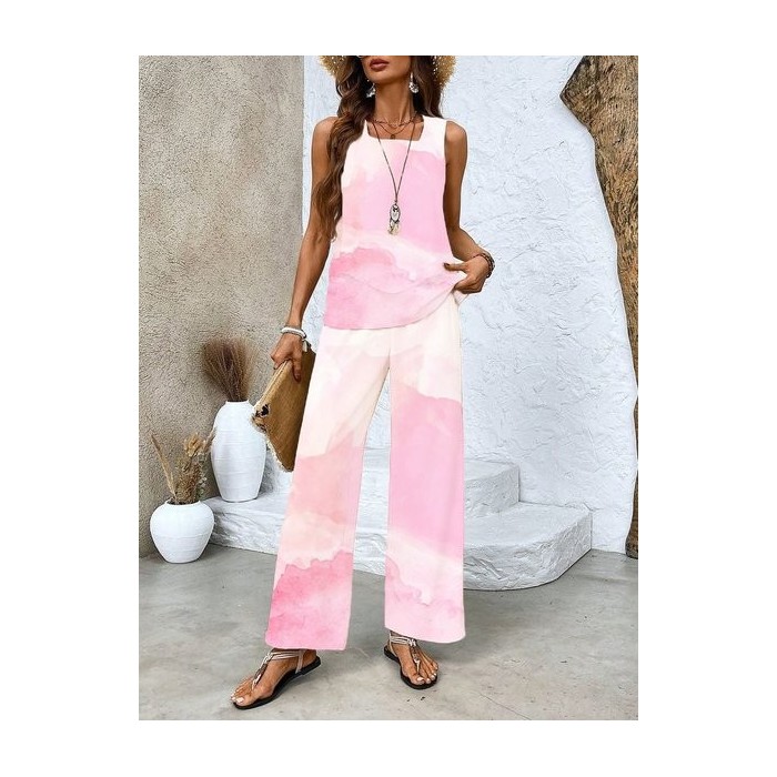 Women's Ombre Printing Two-Piece Set Daily Sleeveless Casual Summer Top With Pants Matching Set