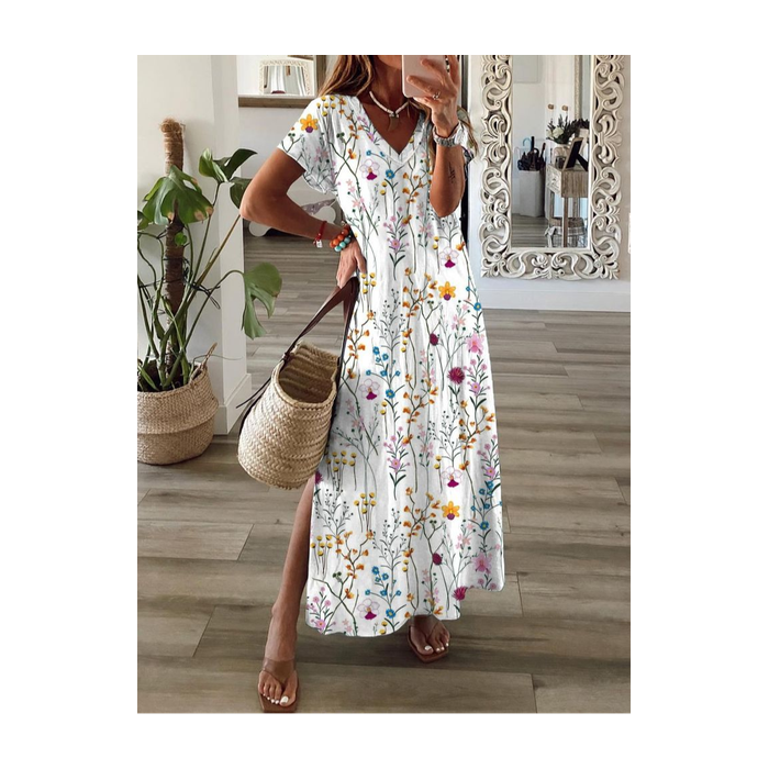 Women's Floral Short Sleeve Summer Printing Dress V Neck Daily Casual Maxi X-Line Dress