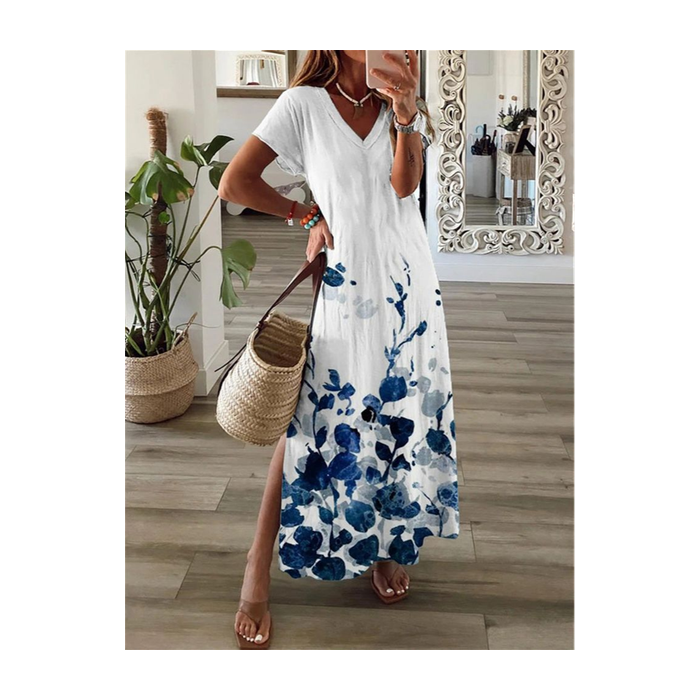Women's Floral Short Sleeve Summer Printing Dress V Neck Daily Casual Maxi X-Line Dress