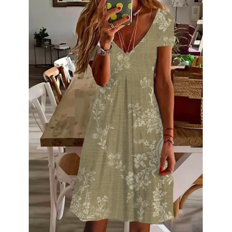 Women's Floral Short Sleeve Summer Printing Dress V Neck Daily Casual Knee Length T-Shirt Dress H-Line Dress