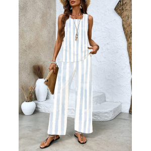 Women's Striped Printing Two-Piece Set Daily Sleeveless Casual Summer Top With Pants Matching Set