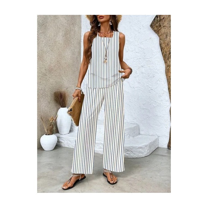 Women's Striped Printing Two-Piece Set Daily Sleeveless Casual Summer Top With Pants Matching Set