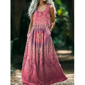 Women's Ombre Sleeveless Summer Printing Dress Crew Neck Daily Casual Maxi Tank H-Line Dress