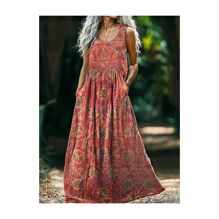 Women's Floral Sleeveless Summer Printing Dress Crew Neck Daily Casual Maxi Tank H-Line Dress