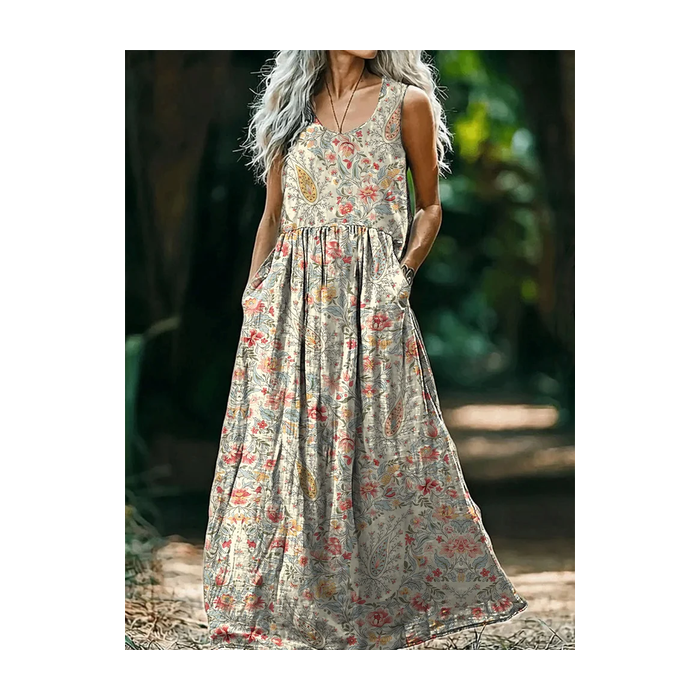 Women's Floral Sleeveless Summer Printing Dress Crew Neck Daily Casual Maxi Tank H-Line Dress