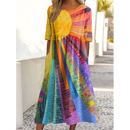 Women Hippie Short Sleeve Summer Printing Dress Crew Neck Daily Casual Maxi Shift Dress H-Line Dress