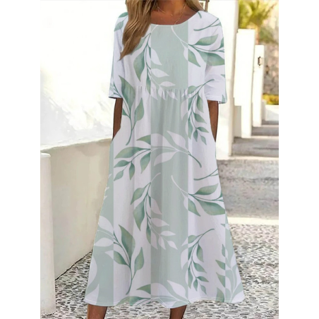Women Floral Short Sleeve Summer Printing Dress Crew Neck Daily Casual Maxi Shift Dress H-Line Dress