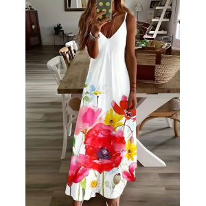 Women Floral Sleeveless Summer Printing Dress V Neck Daily Casual Maxi Slip Dress X-Line Dress