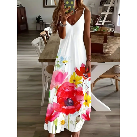 Women Floral Sleeveless Summer Printing Dress V Neck Daily Casual Maxi Slip Dress X-Line Dress