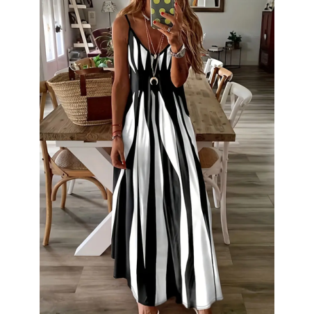 Women Abstract Stripes Sleeveless Summer Printing Dress V Neck Daily Casual Maxi Slip Dress X-Line Dress