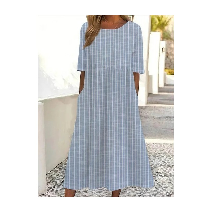Women Striped Short Sleeve Summer Printing Dress Crew Neck Daily Casual Maxi Shift Dress H-Line Dress